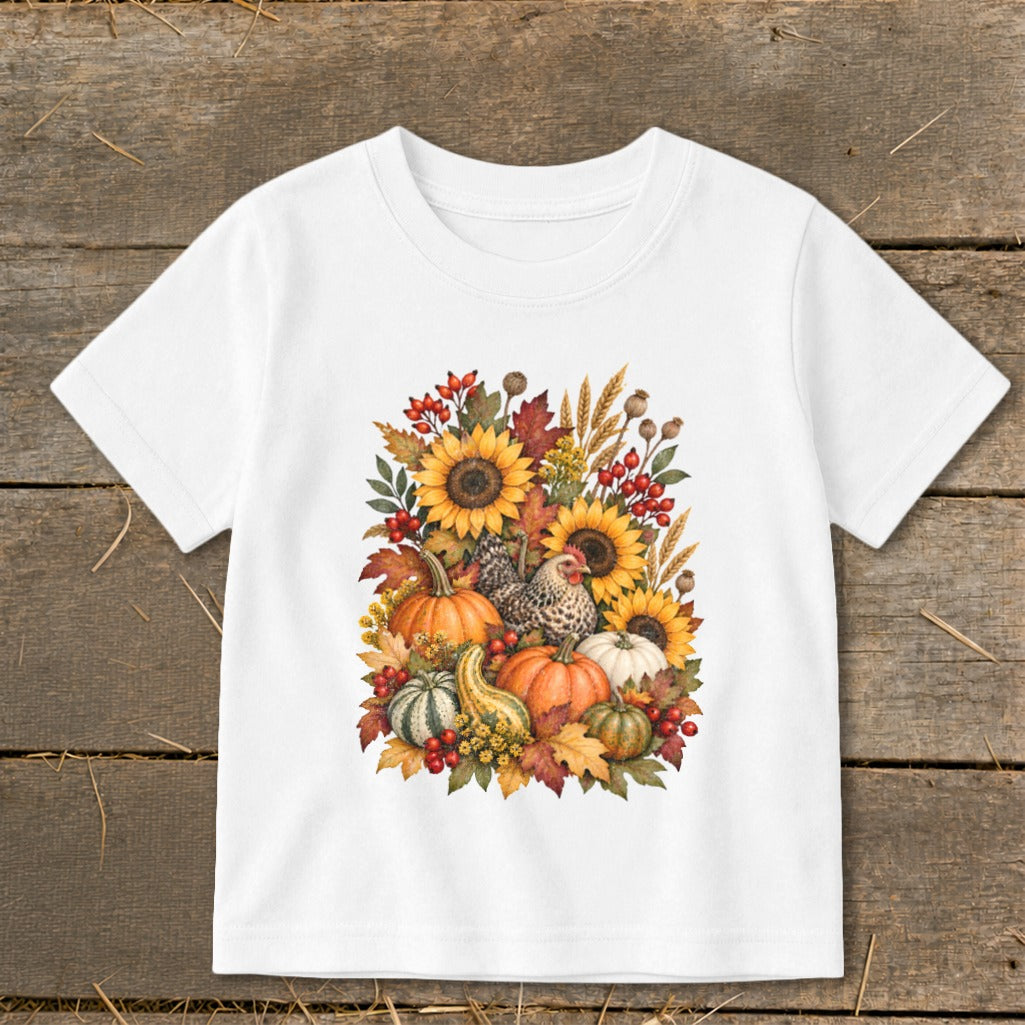 White t-shirt with a fall harvest design featuring pumpkins, sunflowers, chickens, and leaves.
