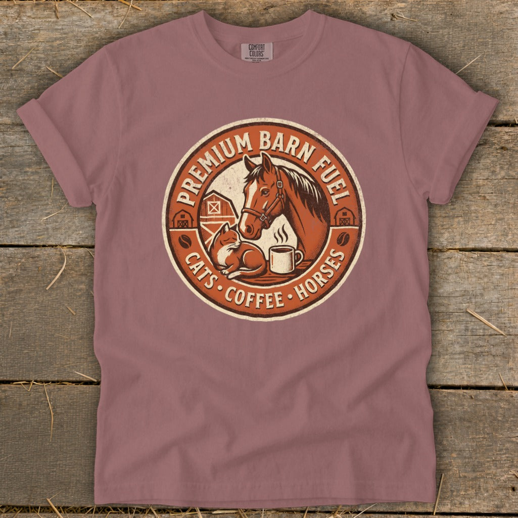 Barn fuel graphic with horse, cat, and coffee cup on a pink t-shirt.