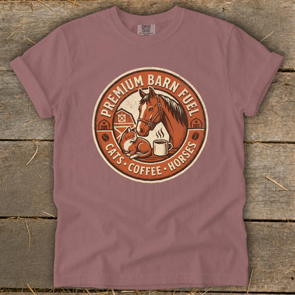 Barn fuel graphic with horse, cat, and coffee cup on a pink t-shirt.