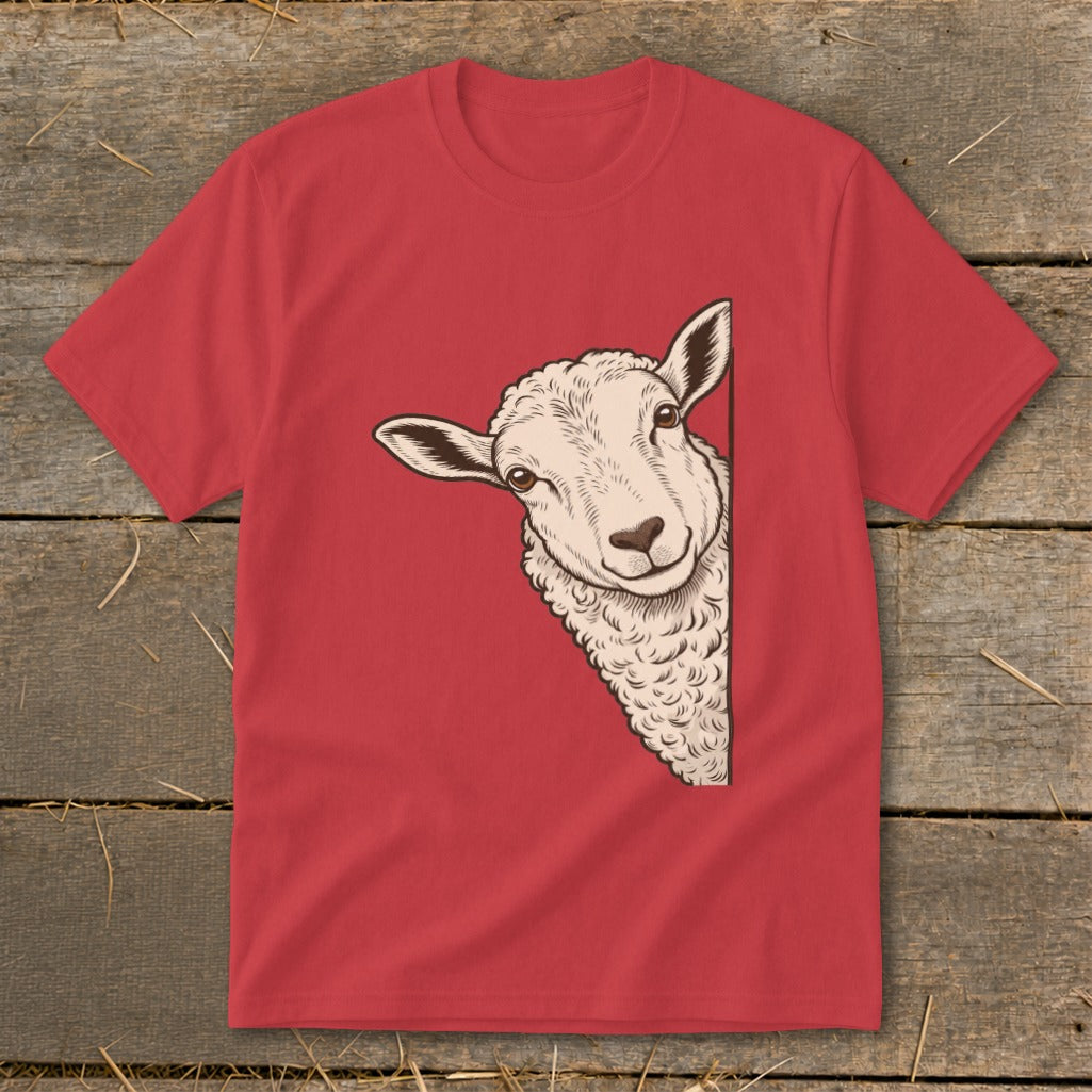 Red t-shirt with a sheep illustration peeking from the side.