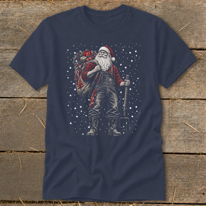 Santa Claus in overalls, carrying a sack of gifts and a pitchfork, with snowflakes falling.