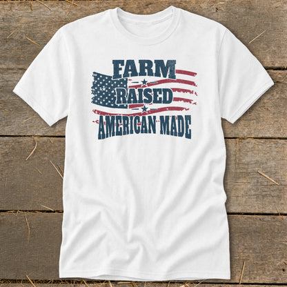 White t-shirt with "FARM RAISED AMERICAN MADE" text and American flag graphic.