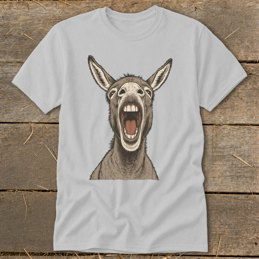 Light gray t-shirt featuring a detailed illustration of a donkey with its mouth wide open.
