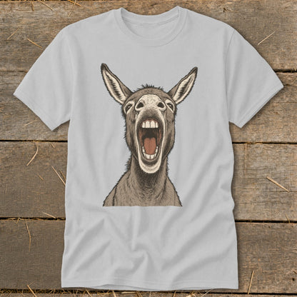Light gray t-shirt featuring a detailed illustration of a donkey with its mouth wide open.