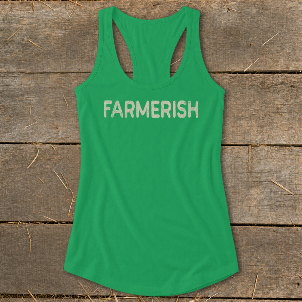 Green racerback tank top with "FARMERISH" text on the front.