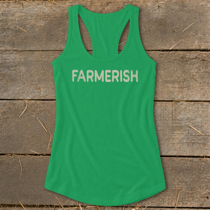Green racerback tank top with "FARMERISH" text on the front.