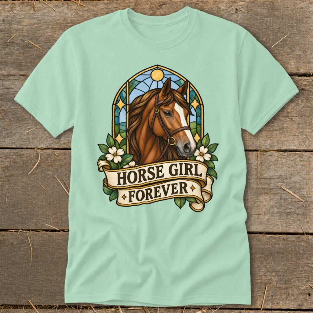 Light mint t-shirt with a horse's head design and "Horse Girl Forever" text.