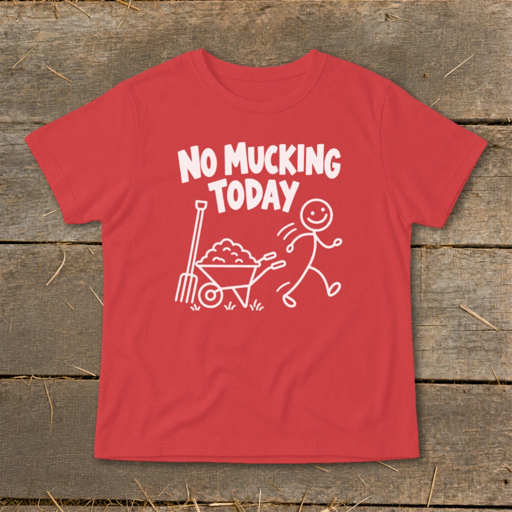 Red t-shirt with white graphic of a stick figure running from a wheelbarrow and pitchfork.