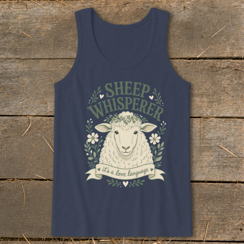 Navy tank top with a sheep illustration and "Sheep Whisperer" text.