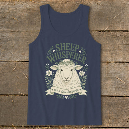 Navy tank top with a sheep illustration and "Sheep Whisperer" text.