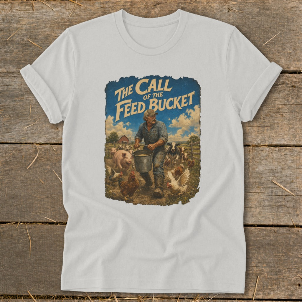 White t-shirt with graphic: farmer carrying feed bucket surrounded by farm animals and text "The Call of the Feed Bucket".