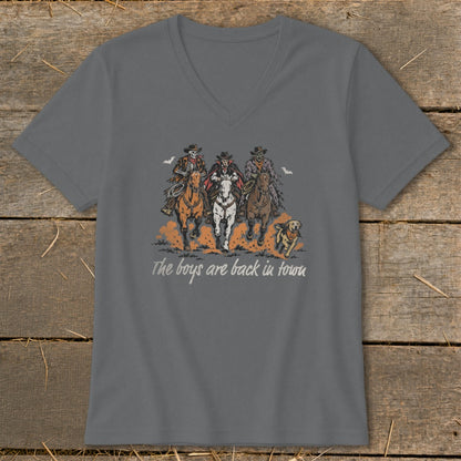 Skeleton cowboy, vampire, and zombie on horses with dog, "The boys are back in town".