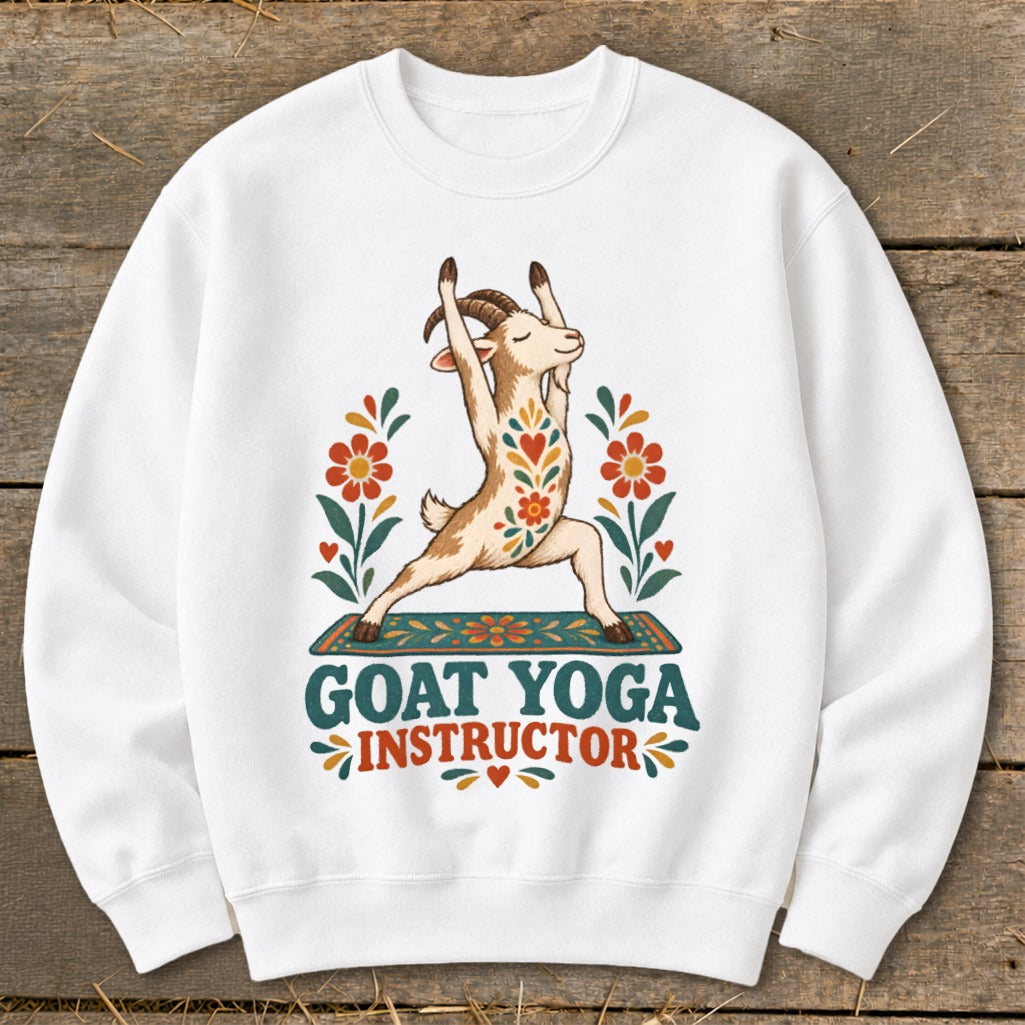 White sweatshirt with a goat doing yoga and text that says "GOAT YOGA INSTRUCTOR".