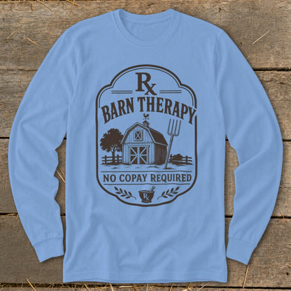 Long-sleeve shirt with Barn Therapy Rx graphic and no copay required text.