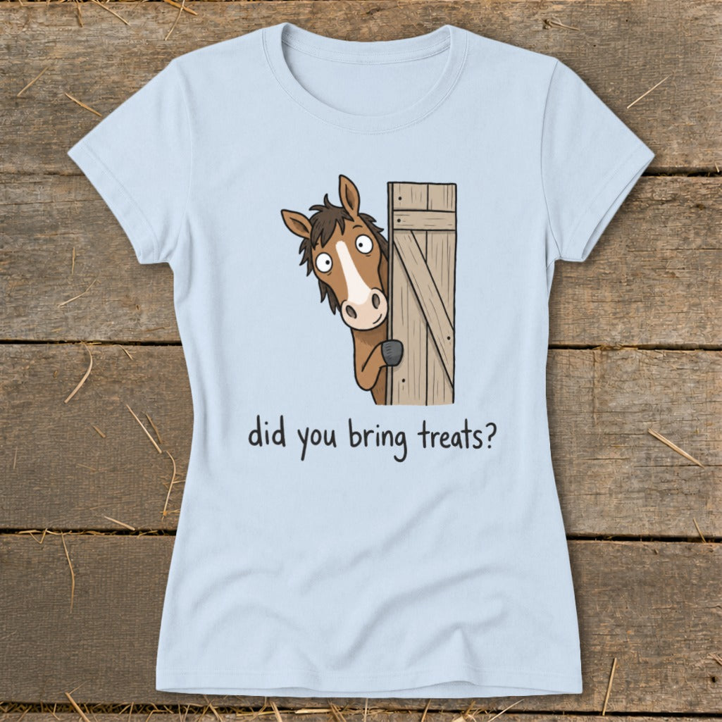 Light blue t-shirt with cartoon horse peeking around a door, asking "did you bring treats?".