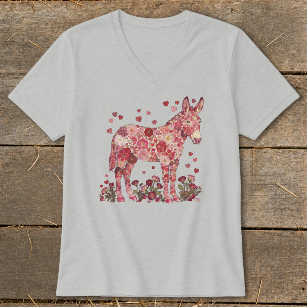 Donkey graphic made of pink flowers and hearts on a light gray t-shirt.