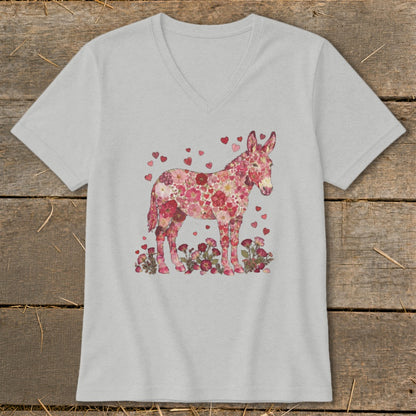 Donkey graphic made of pink flowers and hearts on a light gray t-shirt.