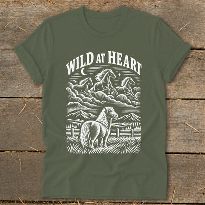 Green t-shirt with "Wild at Heart" text and a horse illustration.
