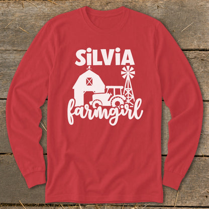 Red long-sleeve shirt with "SILVIA farmgirl" text and farm graphics.