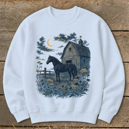 Black horse stands in field by barn under a crescent moon with stars.