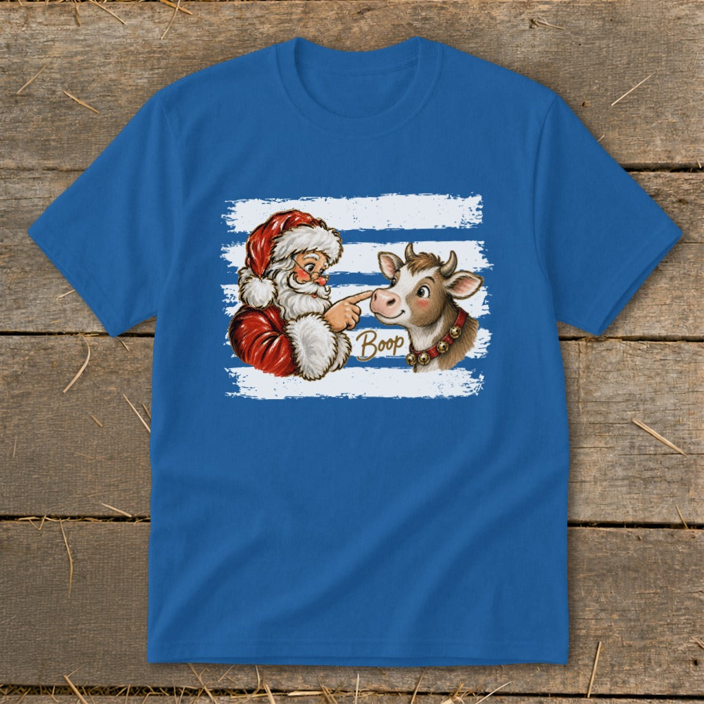 Santa booping a cow's nose with the word "Boop" in golden text.