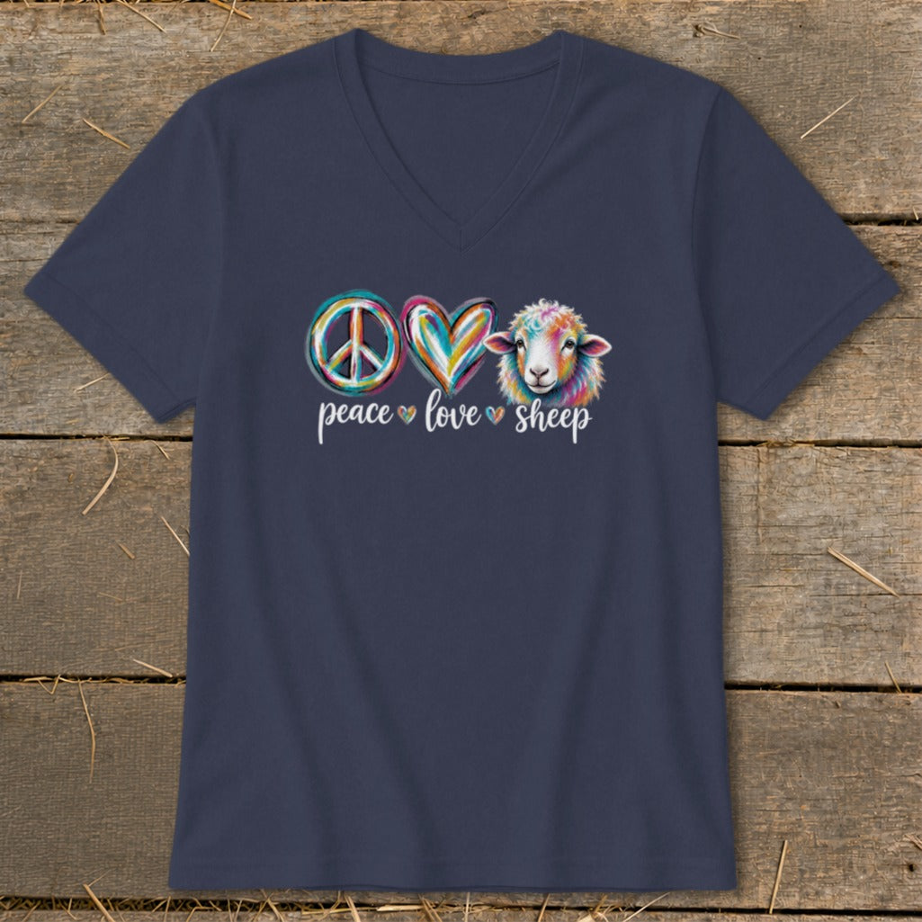 Navy v-neck t-shirt with peace, heart, and sheep graphic and text.