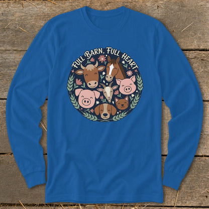 Farm animals circle with text "Full Barn, Full Heart" on blue shirt.
