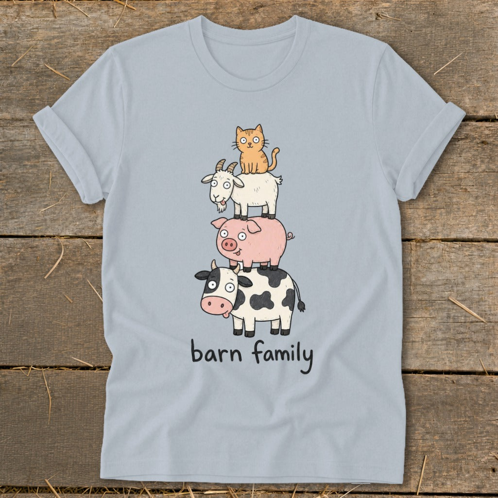 Light blue t-shirt with cartoon cow, pig, goat, and cat stacked, reading "barn family".