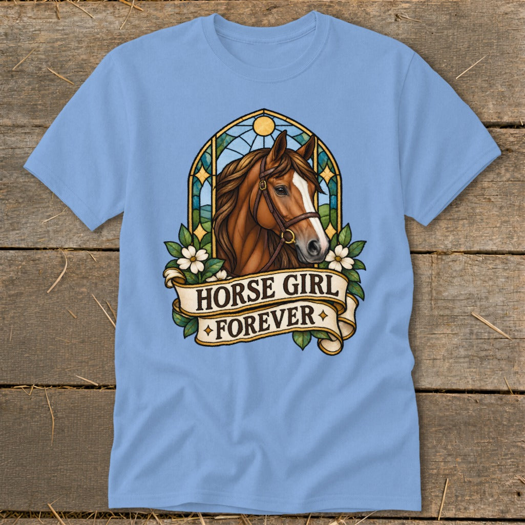 Light blue t-shirt with a horse head in stained glass and "Horse Girl Forever" ribbon.