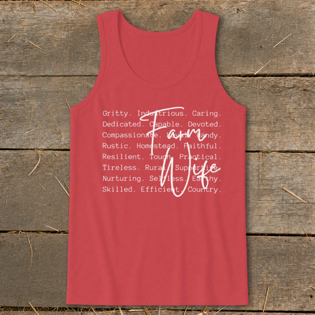 Coral tank top with "Farm Wife" and descriptive words printed in white.