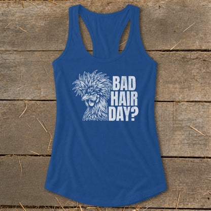 Royal blue tank top with chicken graphic and text "BAD HAIR DAY?".
