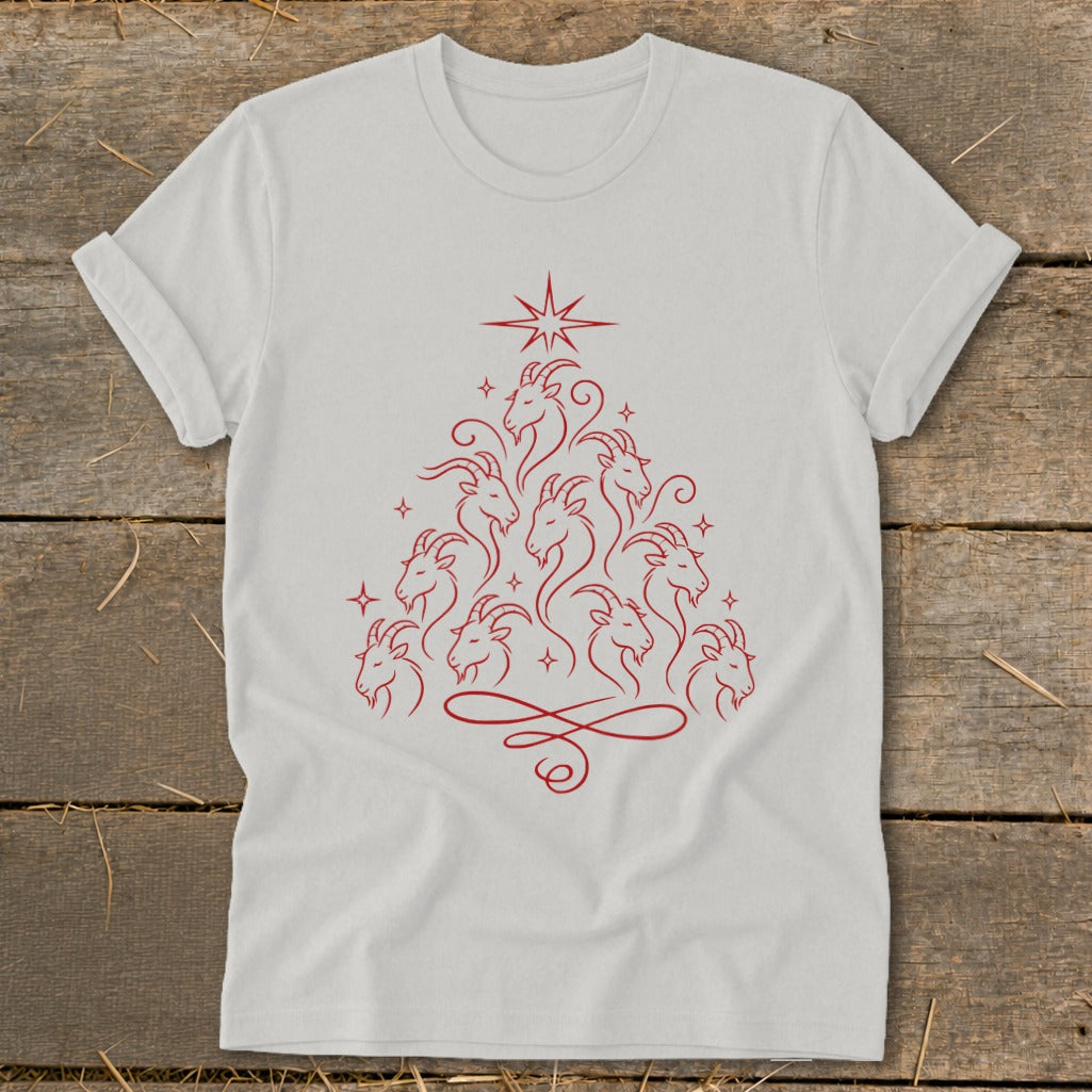 White t-shirt with red line art of goats forming a Christmas tree shape.