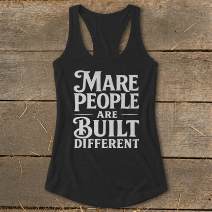 Black tank top with white text "Mare people are built different."