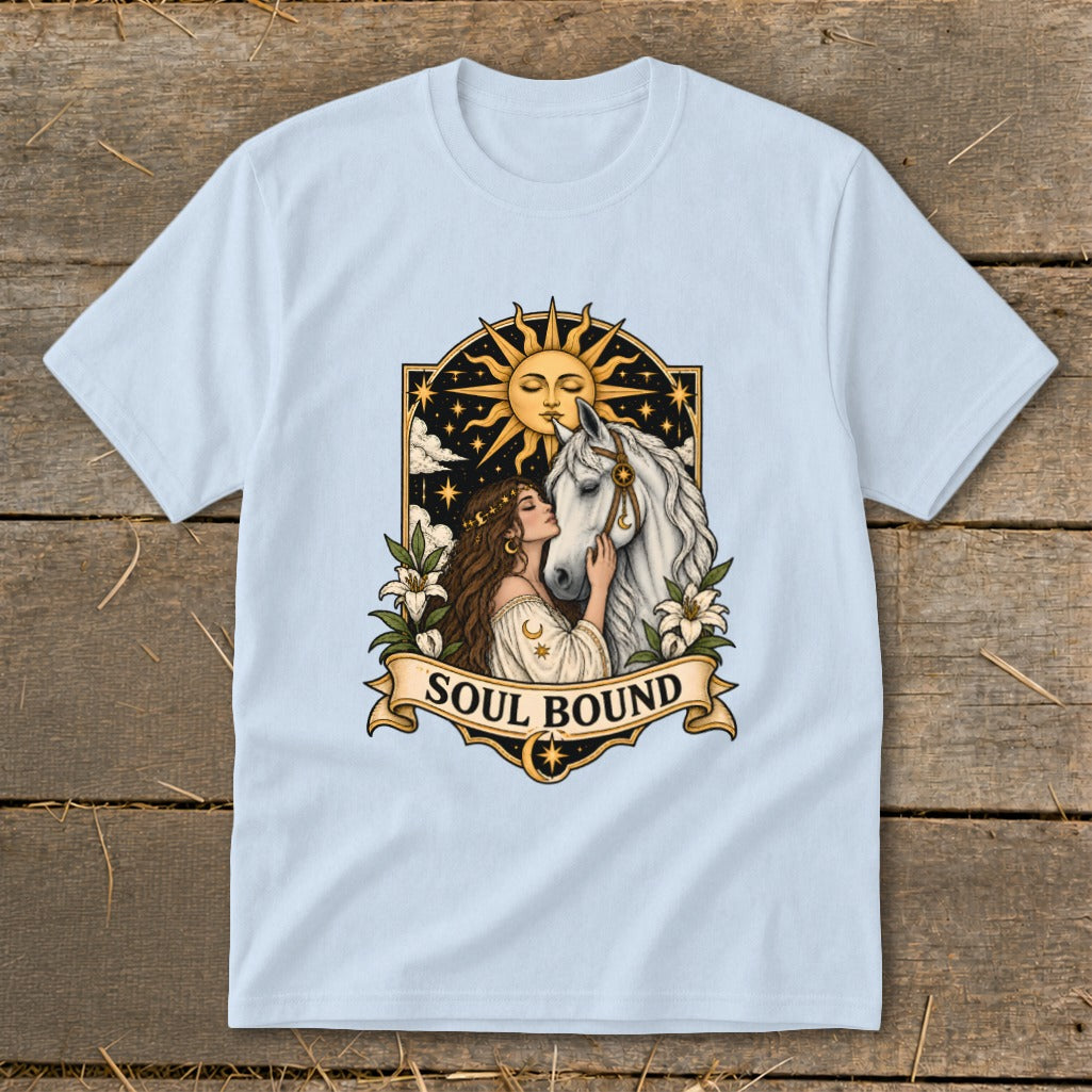 Illustration of woman kissing horse under sun with "SOUL BOUND" text.