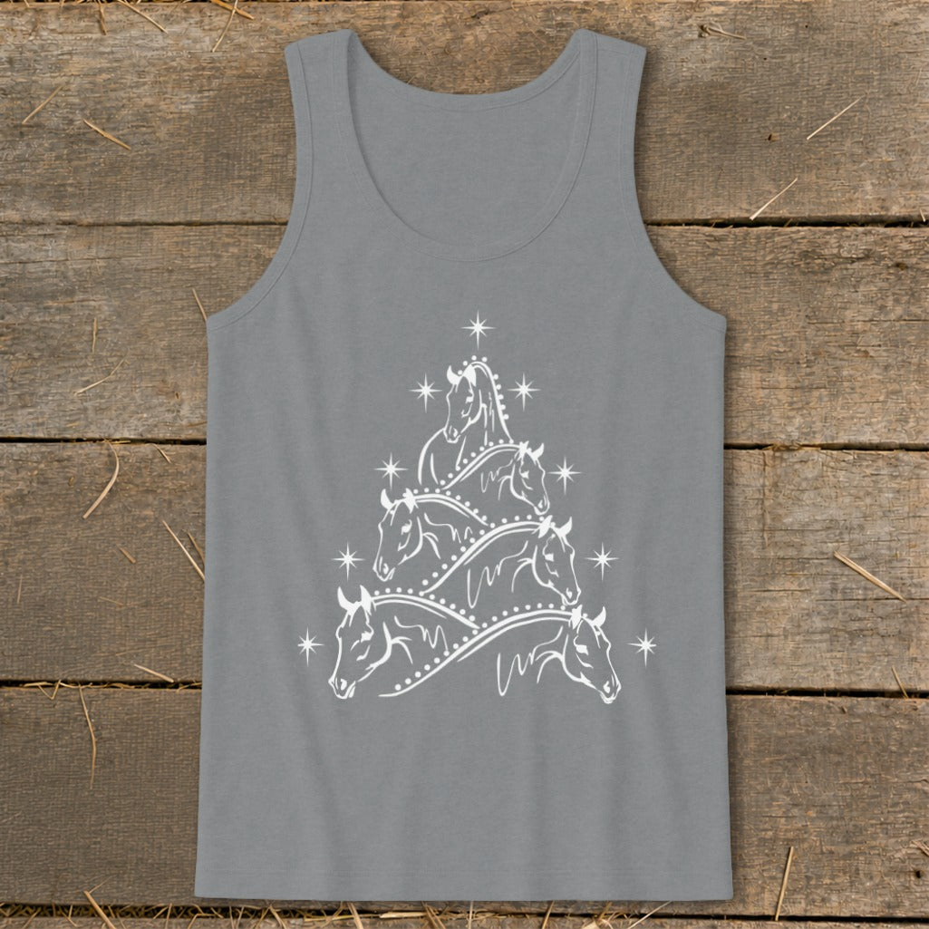 Grey tank top with white horse heads forming a Christmas tree design.
