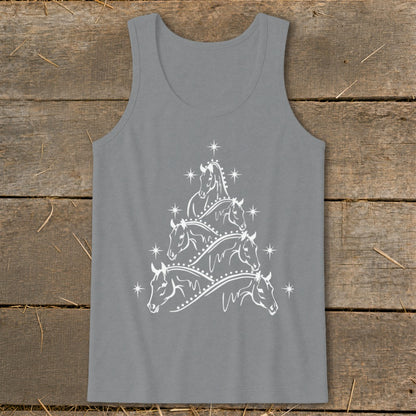 Grey tank top with white horse heads forming a Christmas tree design.