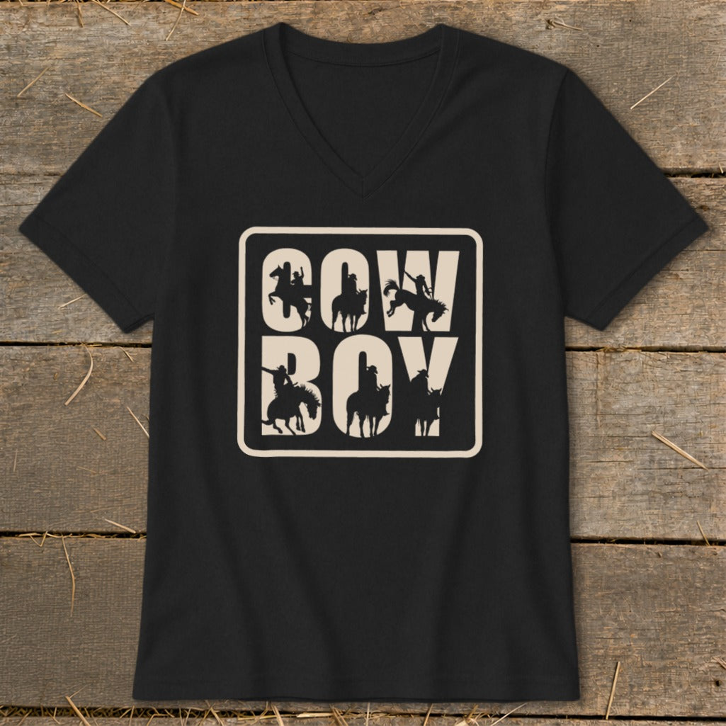 Black t-shirt with cream text "COW BOY" and silhouettes of cowboys on horses.