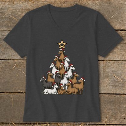 Dark t-shirt with a Christmas tree made of horses wearing Santa hats.