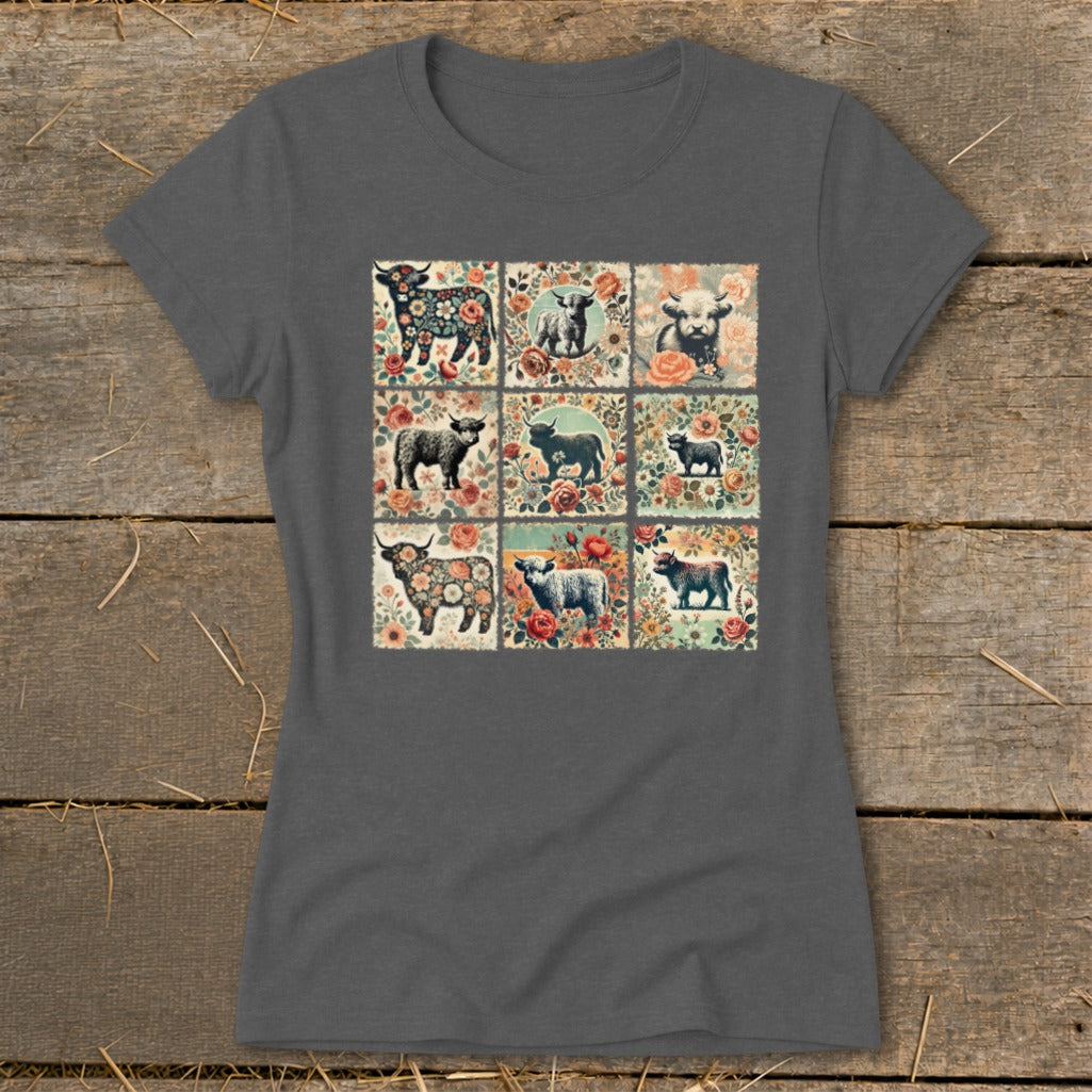 T-shirt with a nine-panel print of Highland cows and floral designs.