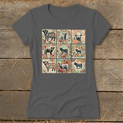 T-shirt with a nine-panel print of Highland cows and floral designs.