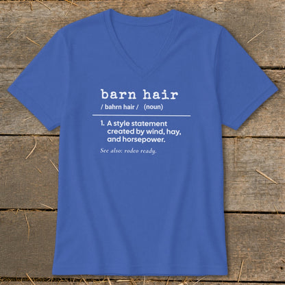 Blue v-neck t-shirt with "barn hair" definition printed on the front.