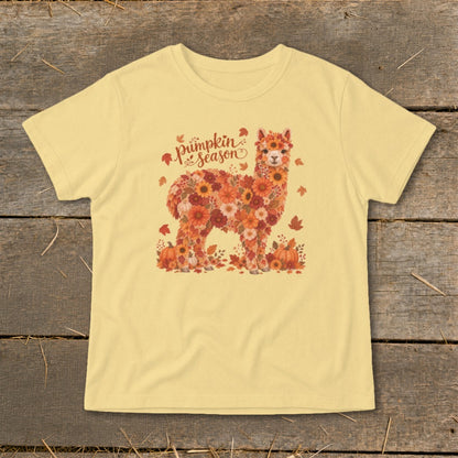 Light yellow t-shirt with floral alpaca design and "pumpkin season" text.