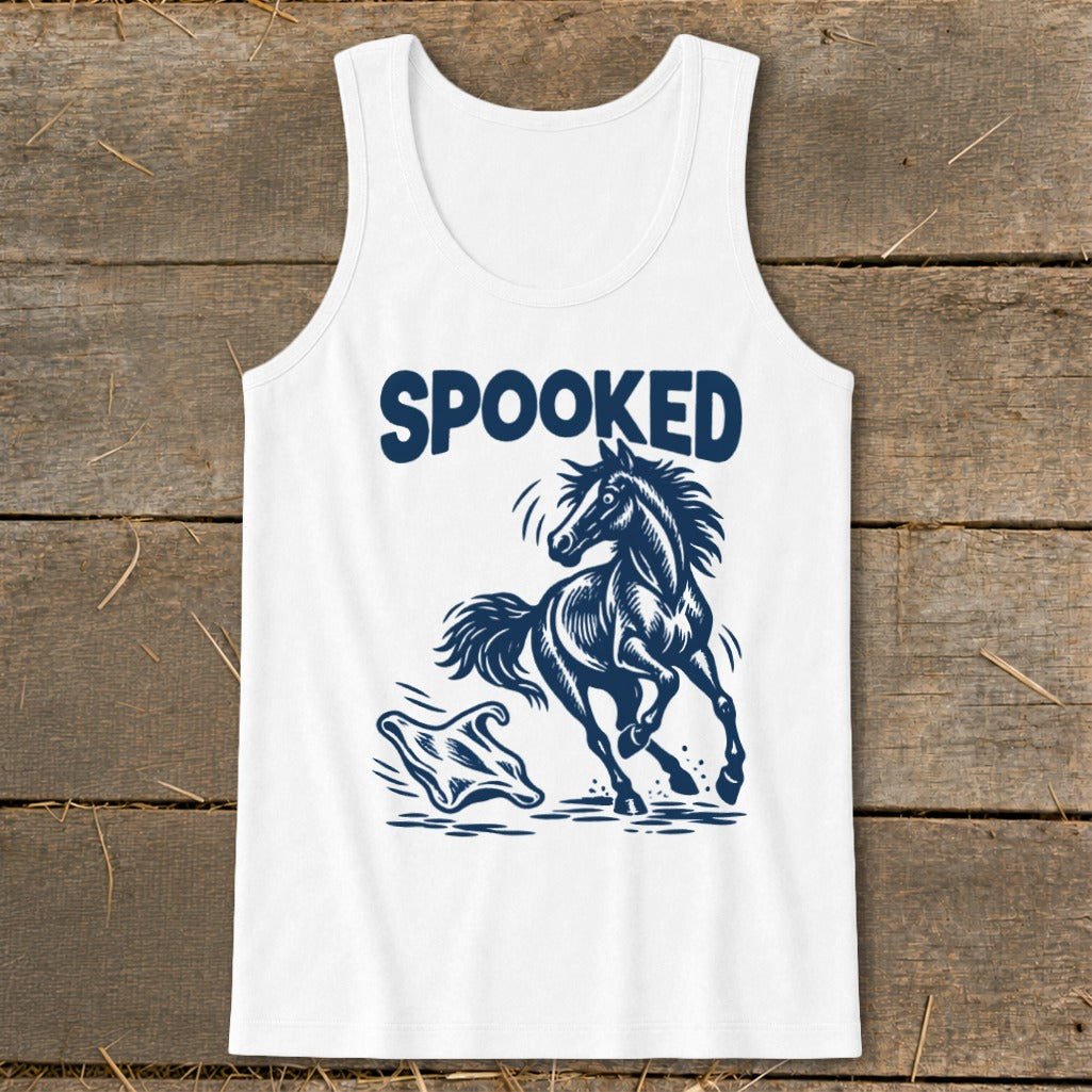 White tank top with dark blue "SPOOKED" text, a horse, and a ghost design.