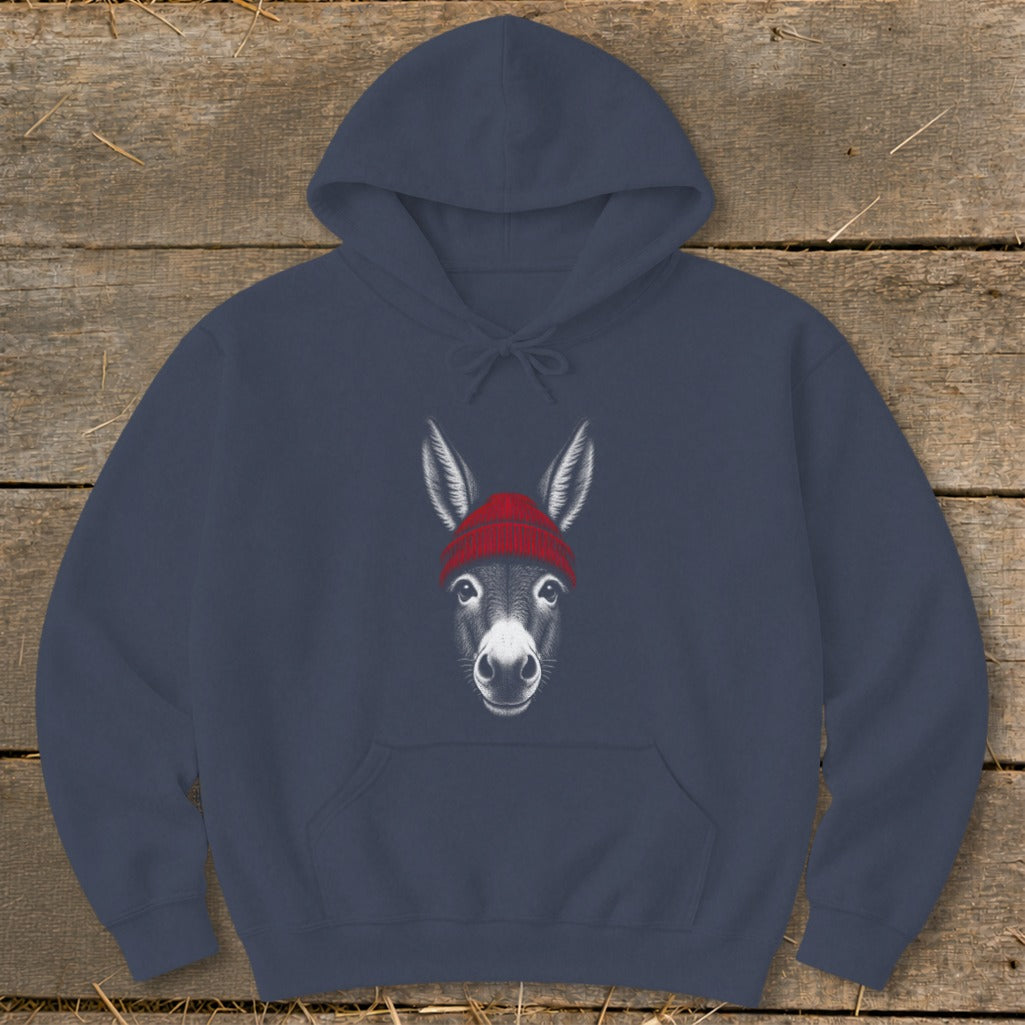 A navy blue hooded sweatshirt featuring a graphic of a donkey wearing a red beanie.