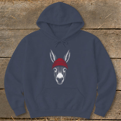 A navy blue hooded sweatshirt featuring a graphic of a donkey wearing a red beanie.