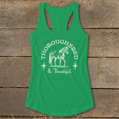 Green tank top with "Thoroughbred & Thankful" text and horse illustration.