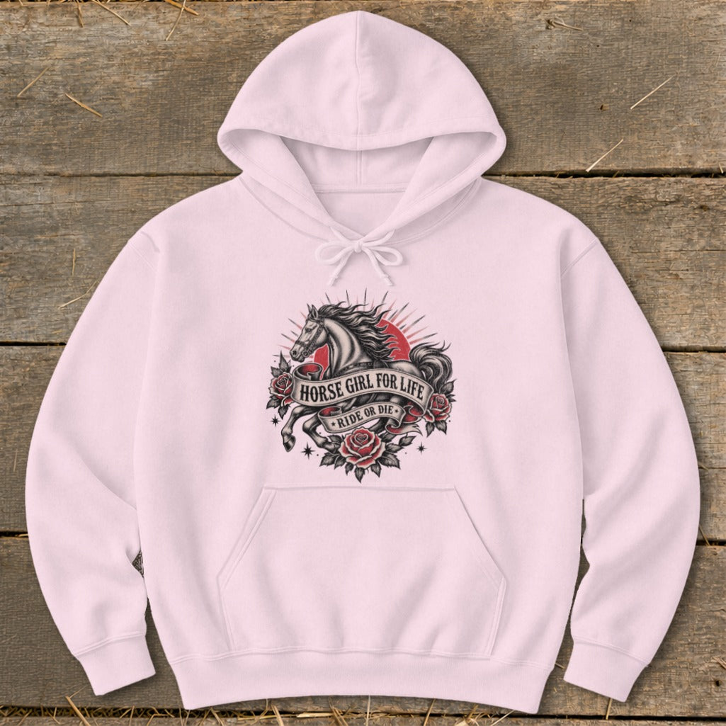 Pink hoodie with a graphic of a horse, roses, and text "HORSE GIRL FOR LIFE" and "RIDE OR DIE".