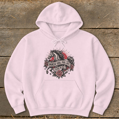 Pink hoodie with a graphic of a horse, roses, and text "HORSE GIRL FOR LIFE" and "RIDE OR DIE".