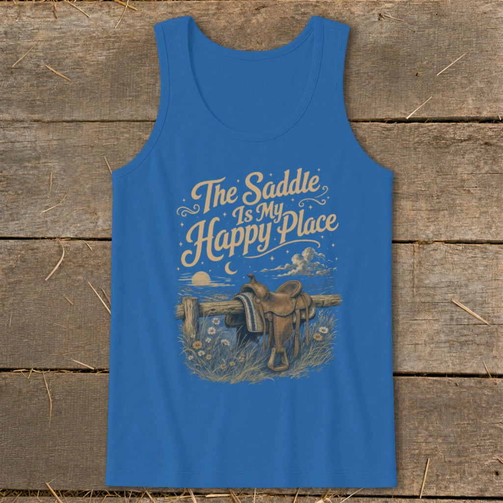 Blue tank top with "The Saddle Is My Happy Place" text and cowboy saddle illustration.