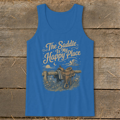 Blue tank top with "The Saddle Is My Happy Place" text and cowboy saddle illustration.